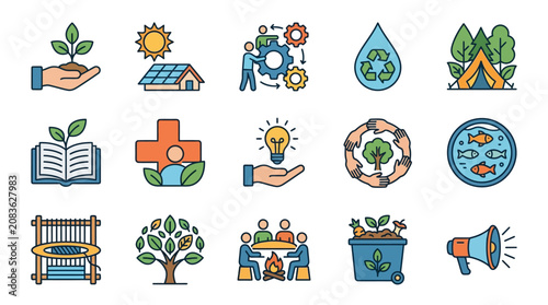 Modern eco friendly sustainable refugee community village with solar panels green energy and communal living spaces for displaced families