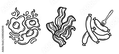 Foto Fried eggs, crispy bacon, and sausages doodle vector set