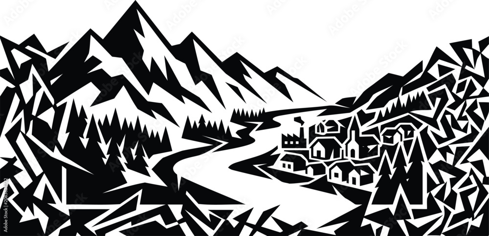 Fototapeta premium Black and white mountain landscape with forest and village