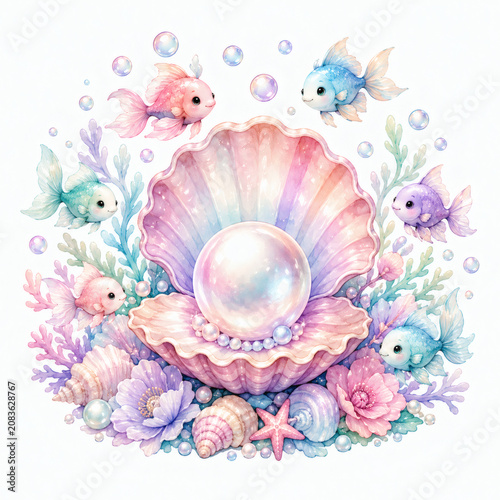 Whimsical underwater scene with a pearl, seashell, and colorful fish