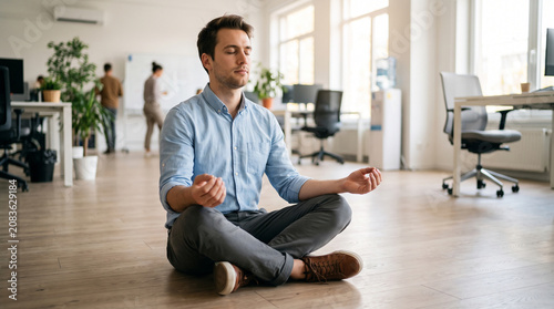 Office floor meditation concept. Man meditating on bright office floor. Workplace mindfulness and wellness concept.