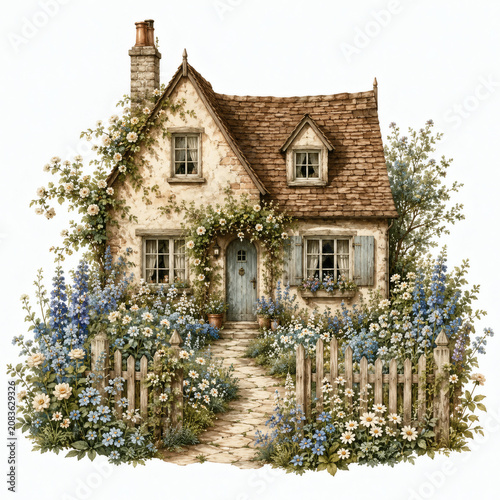 Cozy Cottagecore Country House with Blooming Garden and Wooden Fence