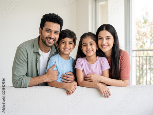 Young Indian family with two children smiling together on a white sofa in a modern home for real estate and insurance concepts