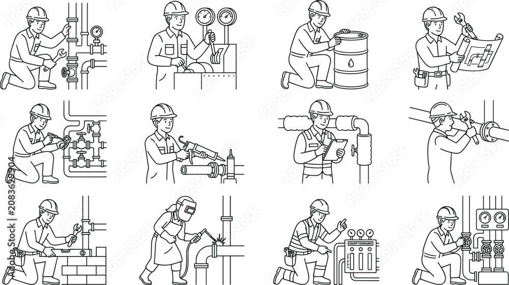 Fototapeta premium Industrial Pipeline Maintenance Worker Vector Icon Set featuring Plumbers, Welders, and Technicians Repairing Valves, Gauges, and Tubes for Commercial Mechanical Engineering Designs