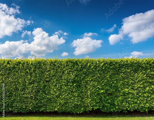 lush green hedge in foreground with vibrant green leaves against a bright blue sky and fluffy white clouds creating a serene outdoor landscape