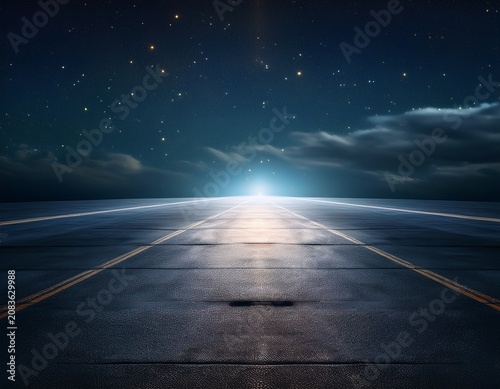 dark concrete or asphalt of plane runway with light in the night sky view ai generated image