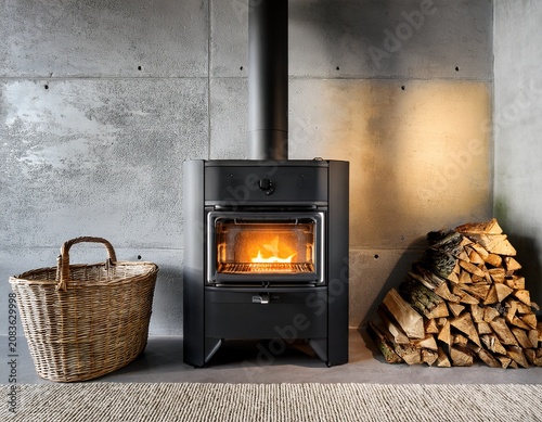 black stove installed against raw concrete wall with wooden log basket and evening light
