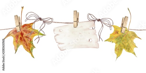 A hand-drawn watercolor seamless frame featuring autumn red and orange maple leaves and a tag hanging on wooden clothespins on a rope, against an isolated background. Simple clip art.