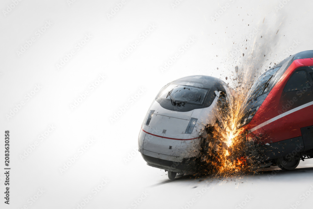 Fototapeta premium Two high speed trains collide with sparks. Space for text.