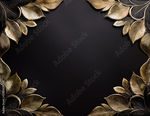 dark card with golden botanical designs in corners against a matte black background leaving center space empty