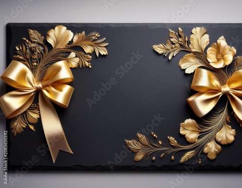 rectangular black slate with gold accents ornate golden flowers on side and large ribbon bow at bottom creating elegant design