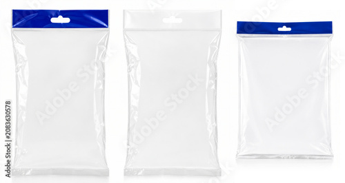 Transparent Clear Plastic Bag Mockup Set with White and Blue Header isolated in white background
