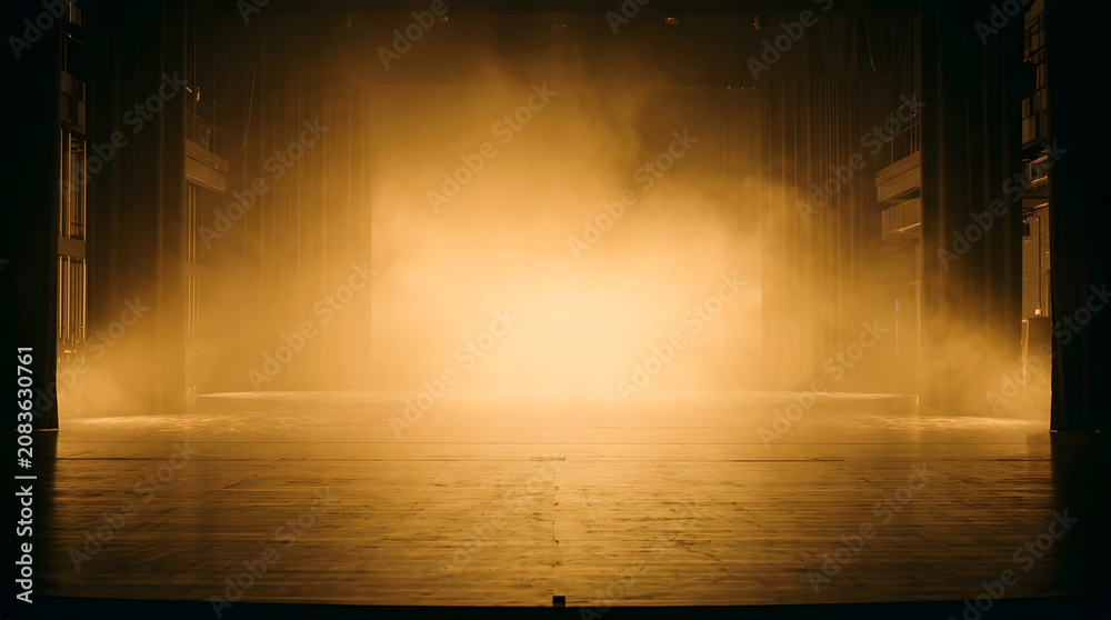 Obraz premium Dramatic Empty Theater Stage with Golden Haze and Cinematic Lighting | Mysterious Performance Venue Backdrop for Concerts and Events | Ethereal Fog on Wooden Stage Floor with Backlit Glow