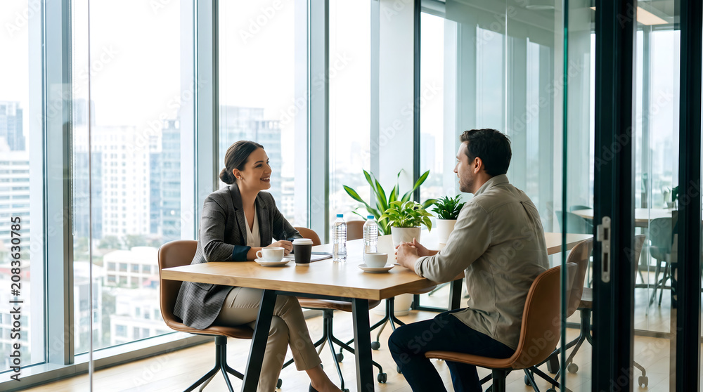 Fototapeta premium Two business professionals having a meeting at a table by large windows in a modern office
