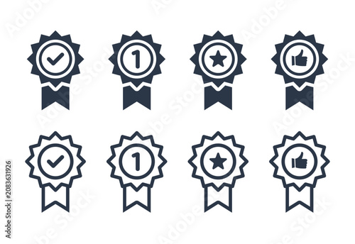 Set of achievement badge icons with check mark, number one, star and thumb up.