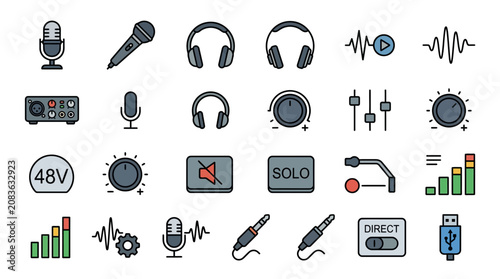 Cuadro en lienzo Corporate Icons Set Featuring Audio Equipment Controls and USB Interface for Mul