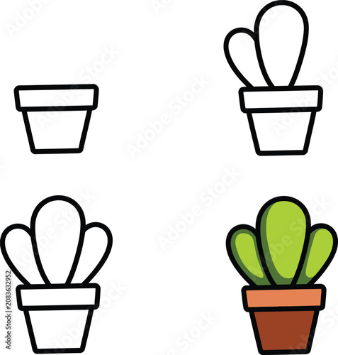 Canvas Print Tutorial how to draw a cactus showing four steps of design in simple outlines