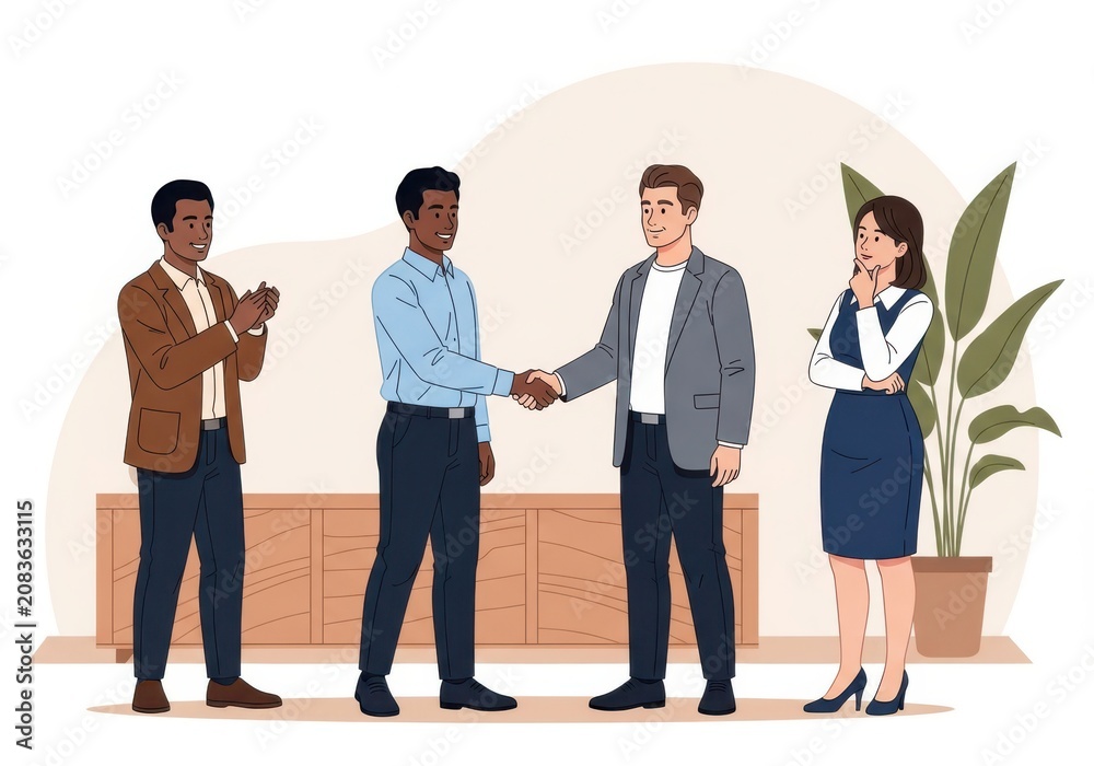 Obraz premium Business people shaking hands, office teamwork, professional collaboration, flat illustration