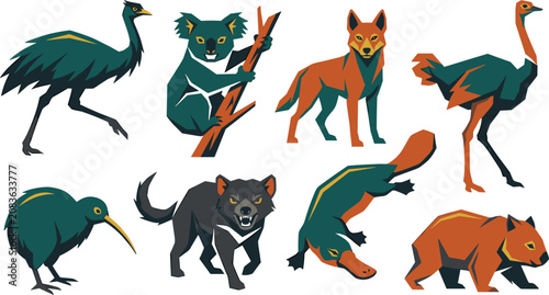 Photography Geometric Australian and Oceania Wildlife Vector Icon Set on White Background Fe