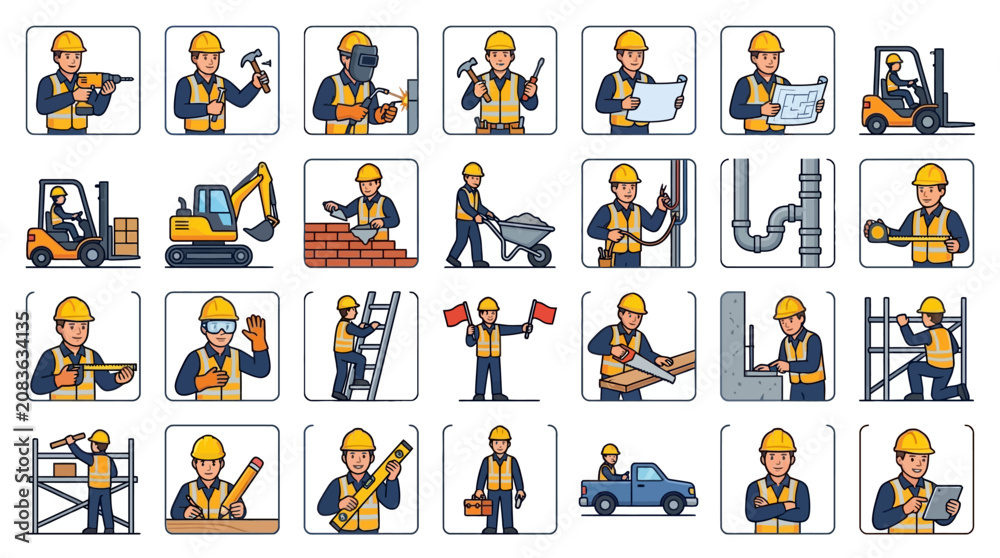 Fototapeta premium Corporate Set of Diverse Construction Workers in Safety Gear Performing Various Building Tasks with high quality professional line art symbols for modern creative design and digital branding projects
