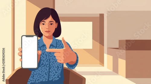 Flat vector illustration of a professional woman showing and pointing at a blank smartphone screen for mobile app mockup or marketing presentation in a modern office interior.