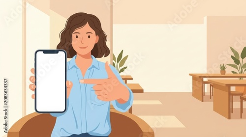Flat Vector Illustration of a Woman Holding a Smartphone with a Blank Screen and Pointing at it in a Modern Cafe Interior, Professional Mobile App Mockup and Technology Concept