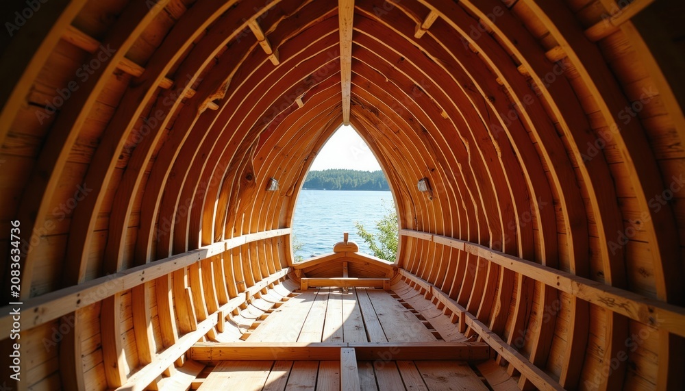 Obraz premium Inside view of wooden boat construction with curved ribs arching overhead. Sunlight streams through hull framing creating shadows. View opens to calm blue water and distant tree line.