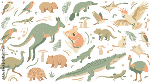 Photography Boho Australian Wildlife Vector Element Set Featuring Kangaroo, Koala, Wombat, P