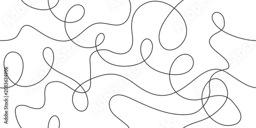 Abstract seamless bg with black squiggly continuous tangled ropes on white. Vector illustration