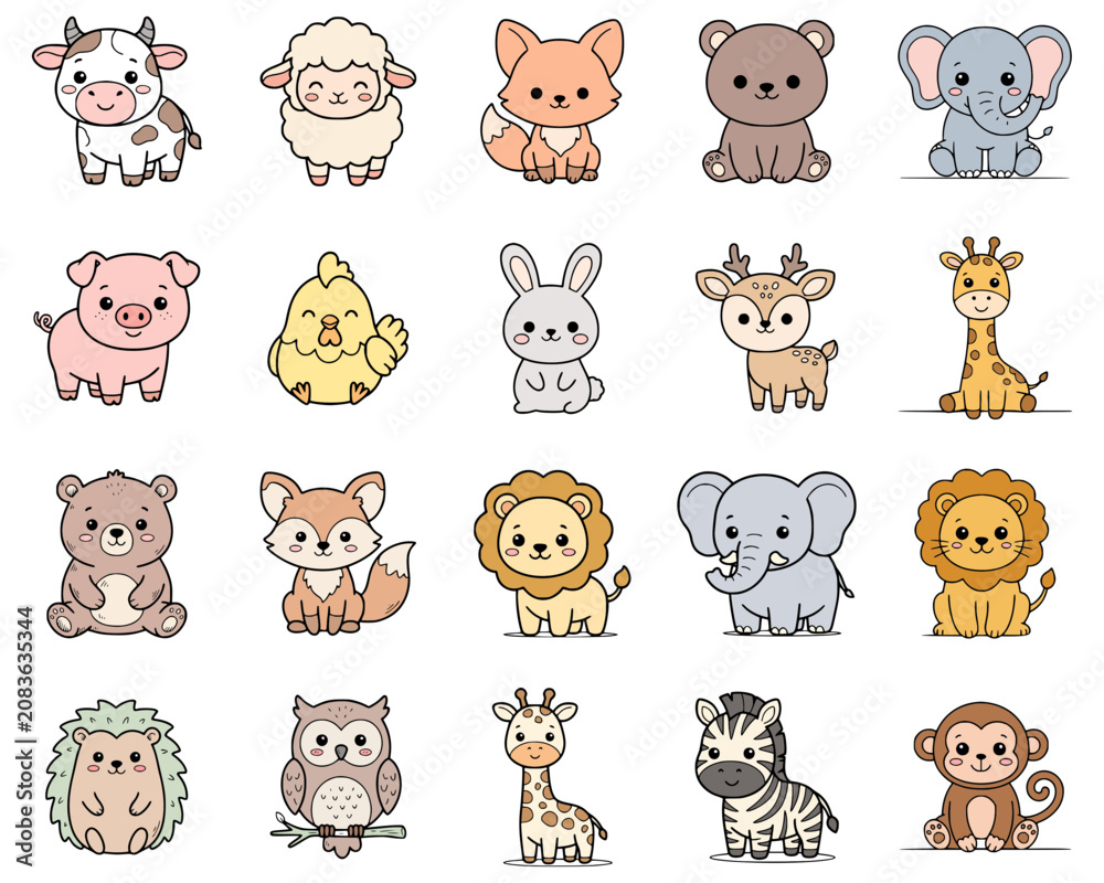 Fototapeta premium Cute Colorful Baby Animal Illustration Pack