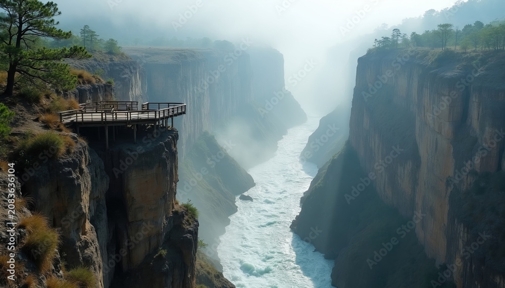 Fototapeta premium Wooden viewing platform overlooks deep canyon with fast flowing river below. Fog or mist hangs in the air creating a moody, dramatic atmosphere. Tall cliffs rise on either side of the water channel.