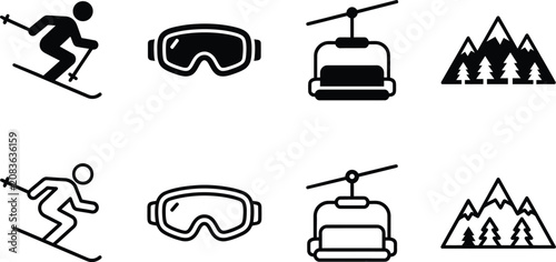 Foto monochrome skiing icon set featuring snowboarder, goggles, ski lift, and mountai