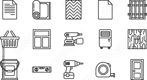 Home renovation and construction tools line icon set for hardware store and DIY projects