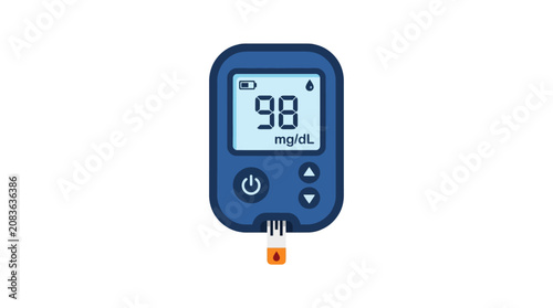 Digital glucometer showing normal blood sugar level reading.
