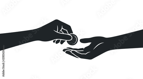 Silhouette of hands giving and receiving a coin donation.
