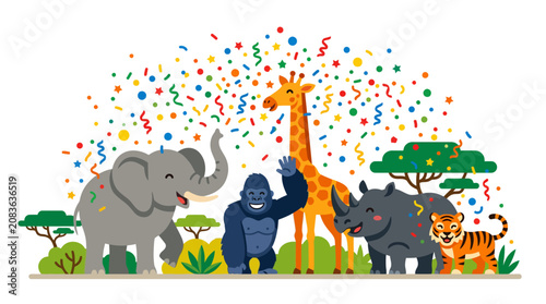 Photography Cartoon wild animals celebrating with colorful confetti party.