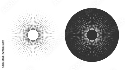 Фотография Round dotted halftone or textured circle or radiant sun beams isolated on white