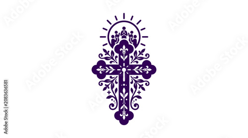 Ornate purple cross with floral design elements.