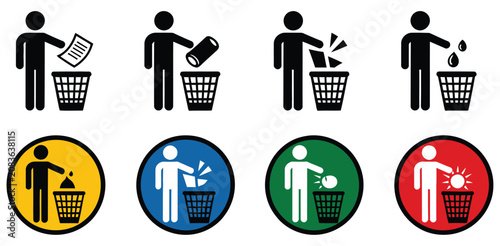 Obraz na płótnie Disposal Icons with Human Figures Sorting Different Trash Types into Waste Bins