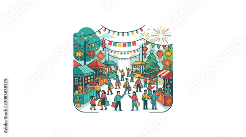 Foto Festive street market scene with people and stalls.
