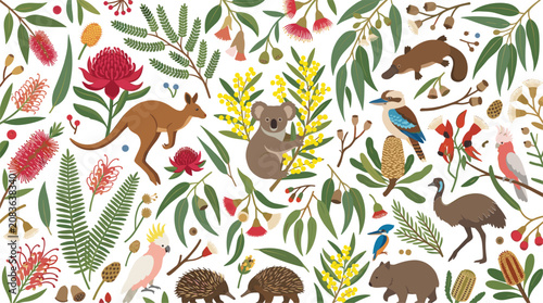 Photography Seamless Pattern with Australian Wildlife and Native Flora Elements Featuring Ka