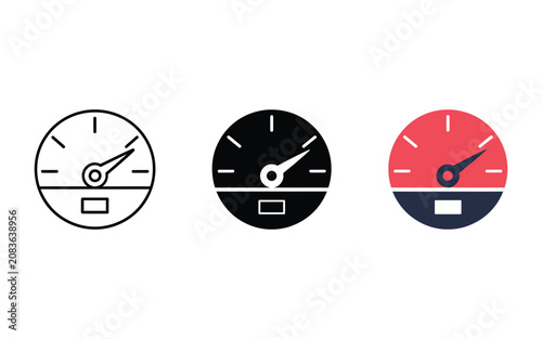 Speedometer icon set illustrating various designs for measuring vehicle speed or performance levels.
