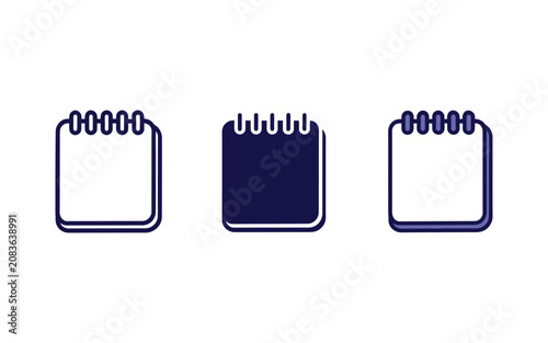 Notebook icon with spiral binding in various styles featuring an outline, solid blue, and colored outline on transparent background.
