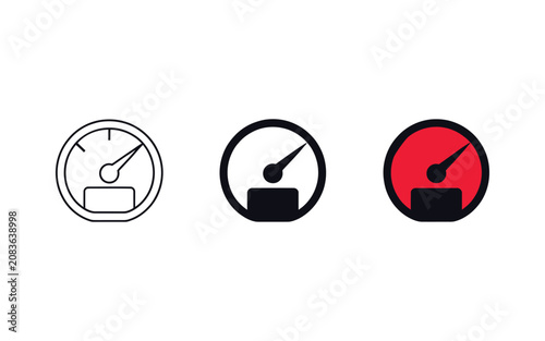 Speedometer gauge icon for performance measurement with black outline, solid color, and red variations isolated on transparent background.