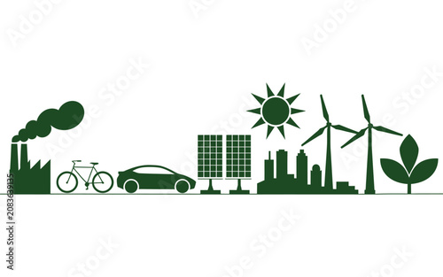 Ecological concept with green energy sources, electric vehicle, bicycle, and factory promoting sustainable living.