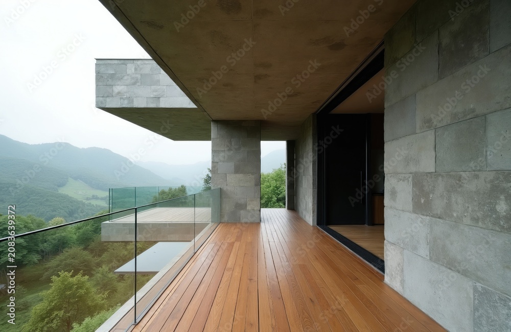 Fototapeta premium Modern balcony with stone walls, wooden floor offers panoramic mountain views. Glass railing provides unobstructed scenery. Minimalist architecture integrates with nature, creating serene outdoor