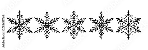 Row of decorative black snowflake icons on white background for winter design.
