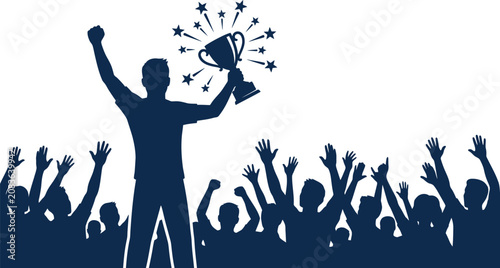 Foto Champion celebrated by cheering crowd with trophy