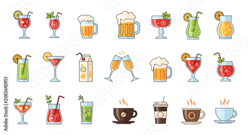 Detailed set of twenty-one beverage icons including hot drinks cold cocktails beer mugs and juices in flat outline style.