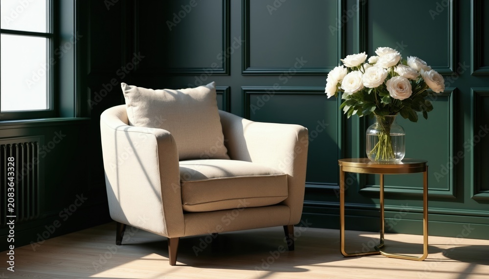 Fototapeta premium Cream armchair sits near window with sunbeams. White roses in glass vase on small gold table. Dark green paneled wall background. Minimalist modern living room decor.